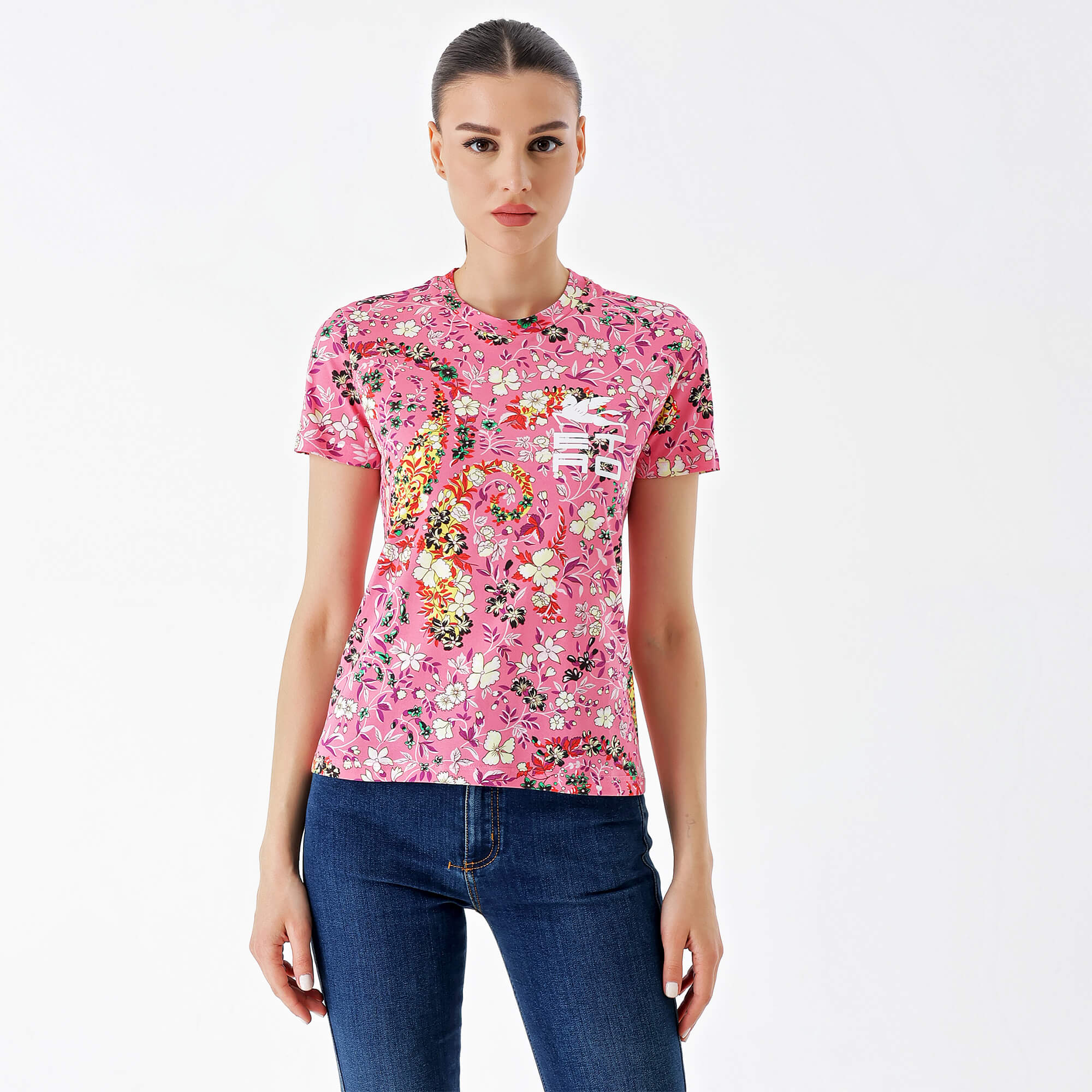 Etro-Pink Cotton Paisley Floral Logo Printed T-Shirt